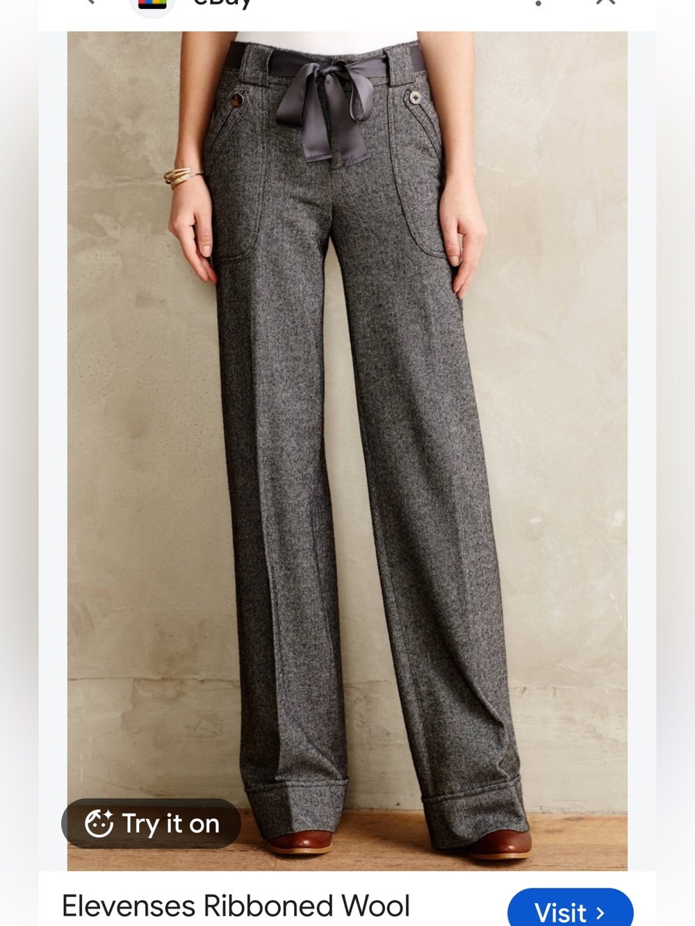 Anthropologie elevenses Gray Herringbone Wide-Leg Trousers